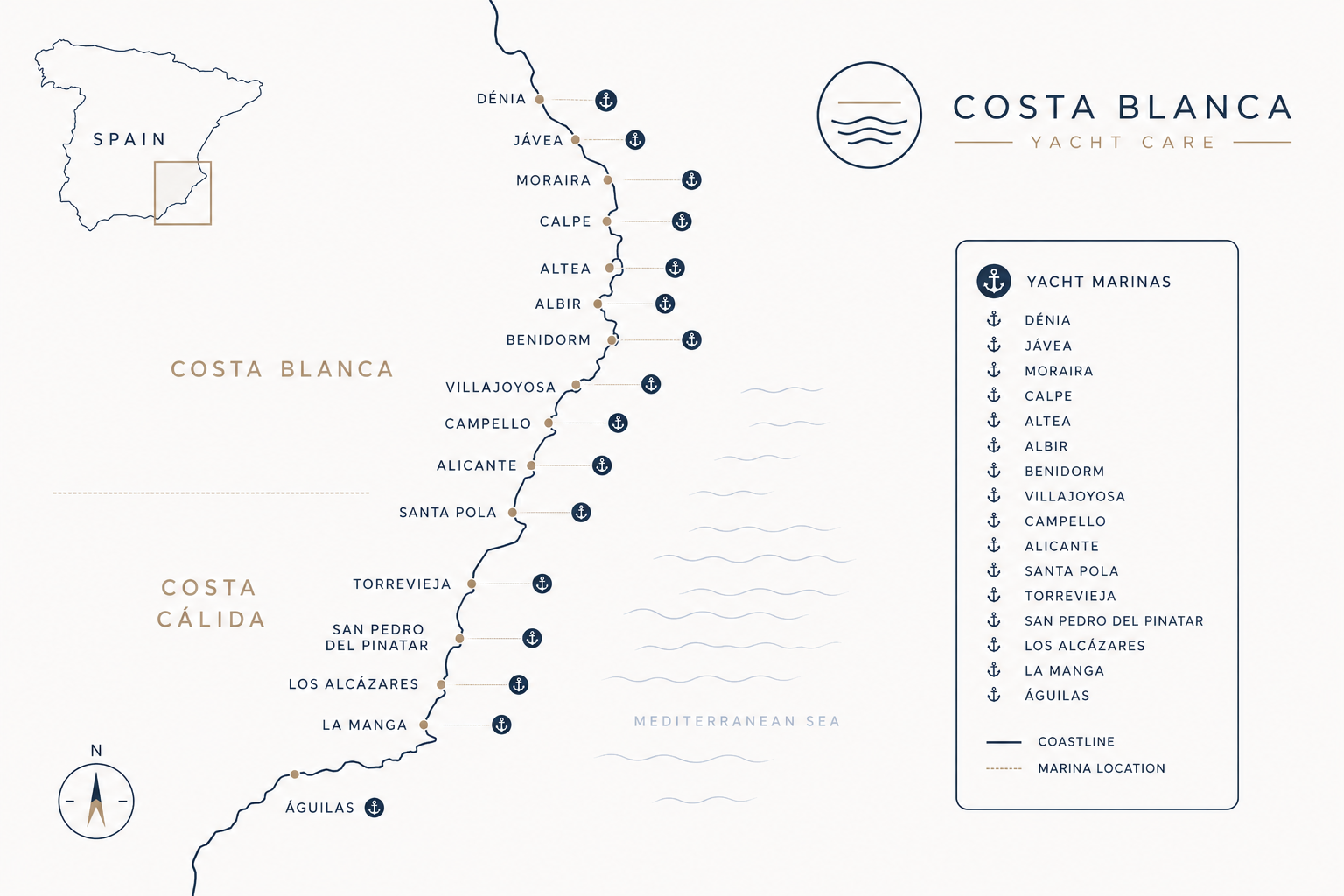 Illustrated map of Costa Blanca and Costa Cálida marinas from Dénia to Águilas