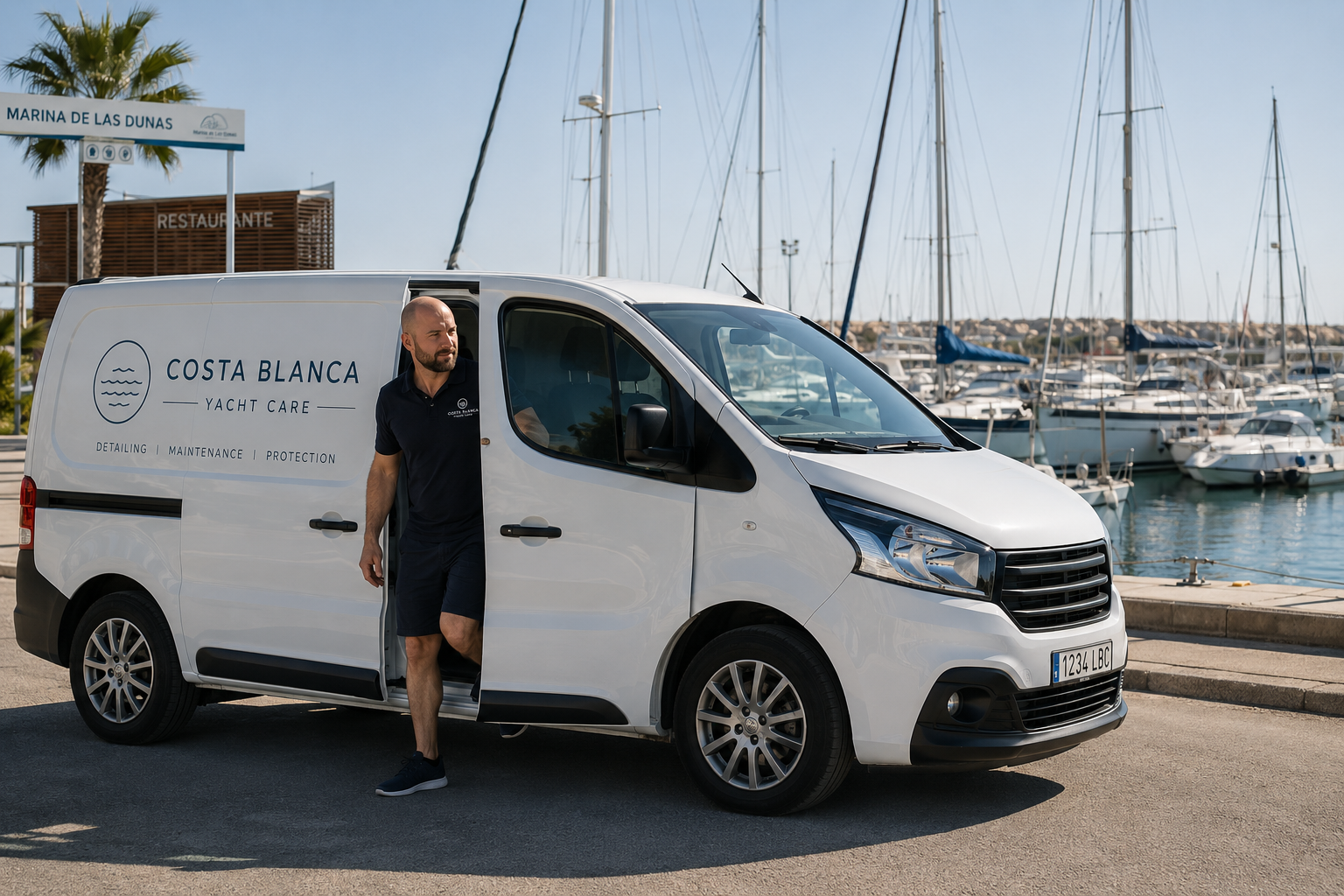 Rick Kirton stepping out of the Costa Blanca Yacht Care service van at Marina de las Dunas